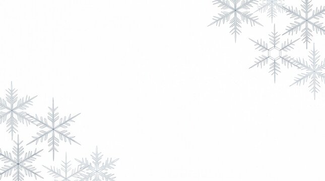 White snowflakes on a white background with copy space, winter holiday design elements, frosty crystals in corners