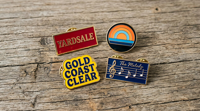 Four enamel lapel pins including y a r d s a l e gold coast clear melody badge metal