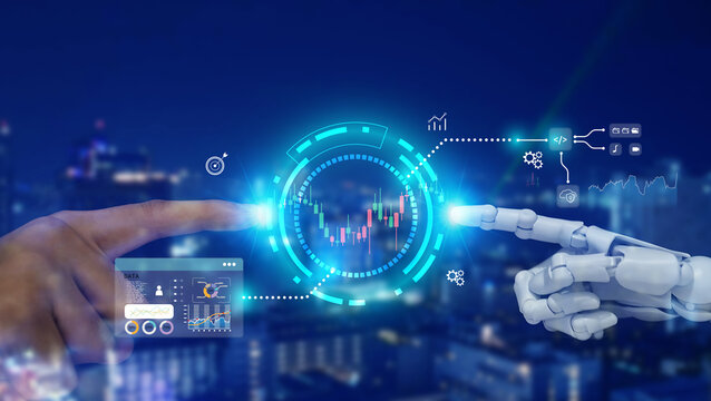 Human and AI collaborating on financial market analysis with digital trading charts and data. Represents AI assisted investment, fintech, stock analytics and intelligent decision making.