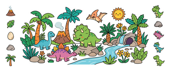 Cute cartoon dinosaurs in a prehistoric jungle landscape © satria