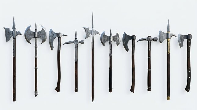 Collection of Medieval Battle Axes and Polearms Isolated on White Background - Historical Weaponry Set