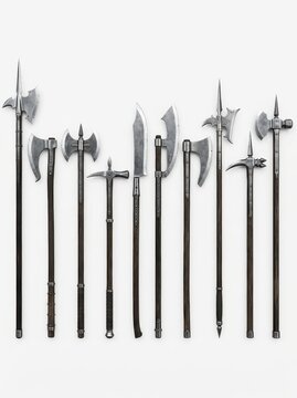Collection of Medieval Polearms and Battle Axes Isolated on White Background - Halberds, War Hammers, and Glaives Set