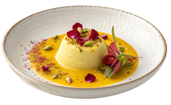 Modern Kulfi &mdash; sophisticated pistachio kulfi plated with saffron sauce, rose petals, pistachio dust and edible flowers, luxury Indian dessert, minimalist composition.