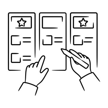 A hand-drawn doodle shows hands sorting content cards into priority columns, clearly representing content prioritization for online content work.