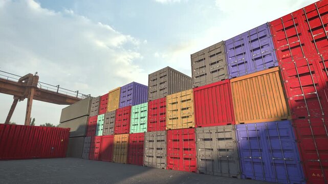 Wide angle low view of colorful shipping containers stacked in cargo yard. Cargo Logistics distribution hub concept. 3d animation.