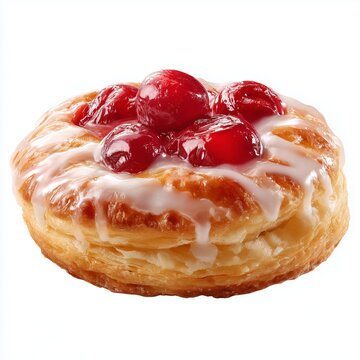 Fresh baked cherry danish pastry with white sugar glaze isolated on white background