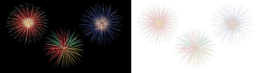 Obraz premium Set of three colorful fireworks explosions isolated on transparent background and black background, festive pyrotechnic display for celebration, holiday, and new years eve party