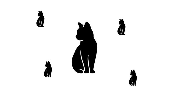 Zoom in and out animation the cat symbol. Large black symbol in the center and four small symbols around. Seamless looped 4k animation on white background