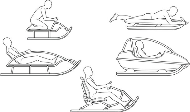 Winter Sports Sledding and Bobsleigh Riding Human Figures Vector Outline Set for Ergonomics and Product Design