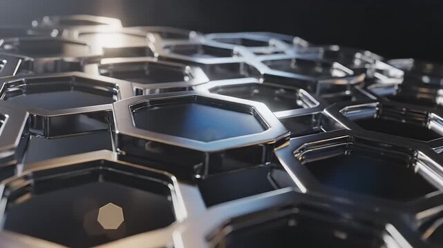 Metallic hexagons rotating with light reflections in a dark space create a visually interesting pattern that catches the eye