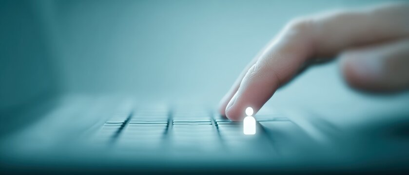 Close up of a finger touching a keyboard with a stylized human figure symbolizing digital interaction and online communication