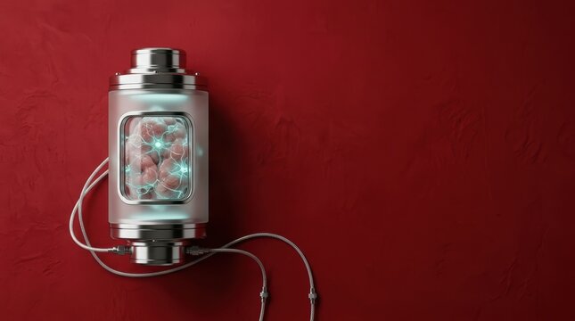 Biotech Brain Growth Chamber on Red Background with Copy Space