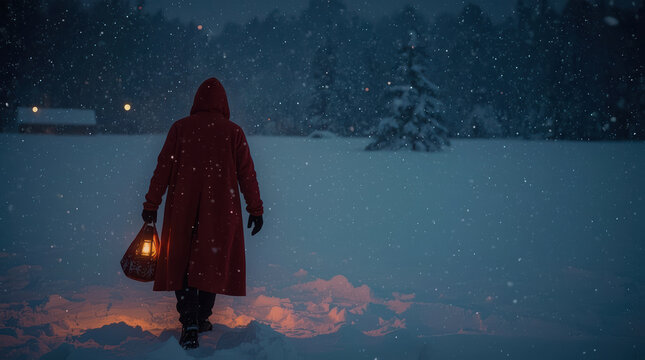 Red hooded winter traveler carrying lantern through snowy forest at night, creating mysterious festive scene with warm light and falling snow