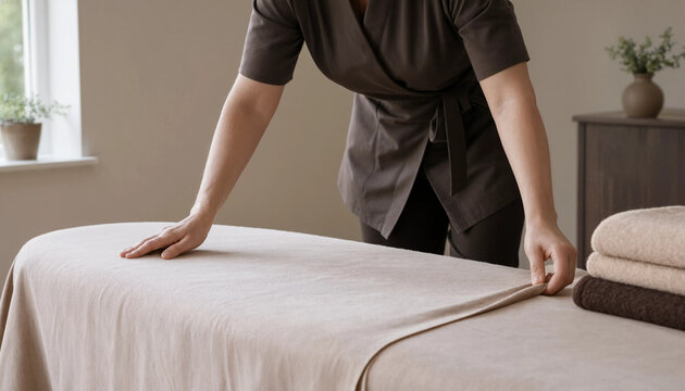 Professional masseuse tucking in fresh bed linen on massage table at wellness resort with massage therapist treatment couch hands tucking spa preparation folded towels interior room