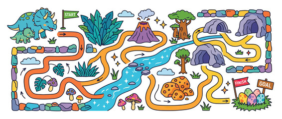 Cute Dinosaur Maze with Prehistoric Landscape and Elements © maskulon