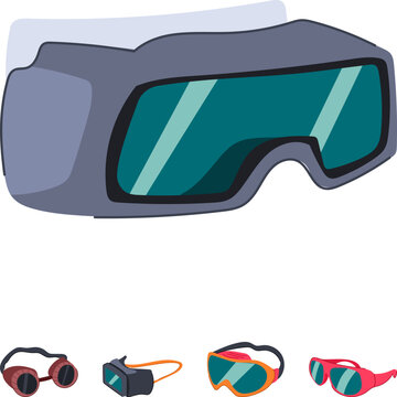 Various protective safety glasses and goggles, including welding style, steampunk, virtual reality, and regular safety eyewear, providing eye protection in diverse settings