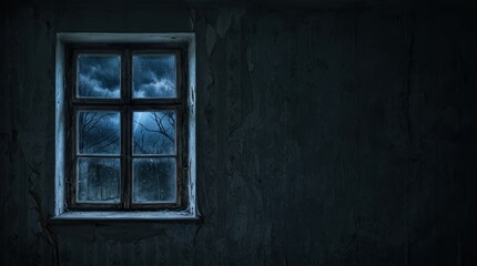 Obraz premium Minimalist horror attic window on dark textured wall with storm and copy space