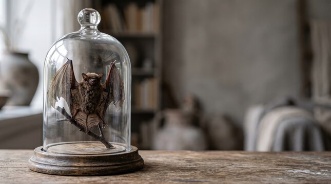 Preserved bat specimen under glass dome with soft natural light in vintage room setup