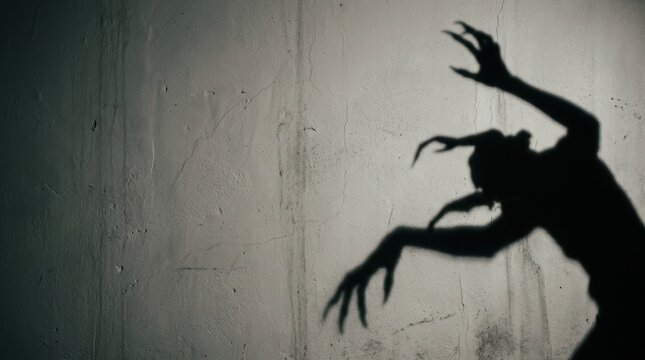 Menacing Monster Silhouette with Sharp Claws Cast on Textured Concrete Wall, Distorted Horror Shadow with Negative Space for Advertising