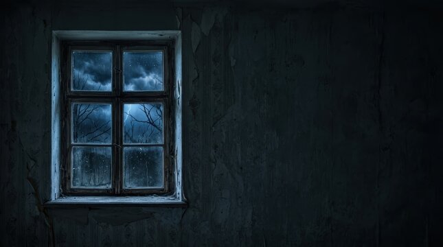 Minimalist horror attic window on dark textured wall with storm and copy space