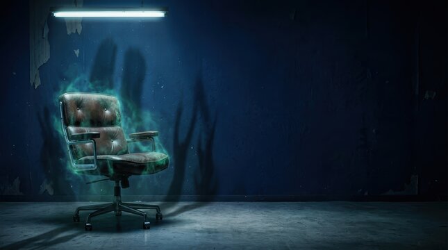 Haunted Vintage Office Chair with Ectoplasm Glow and Spectral Shadows in Dark Cinematic Room, Horror Advertising Banner with Copy Space