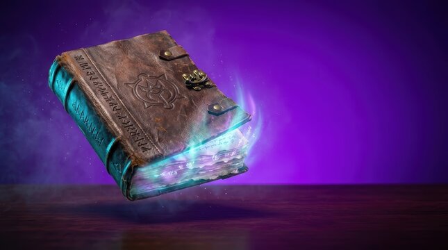 Levitating Ancient Spellbook with Glowing Spectral Pages on a Bold Violet Background with Copy Space