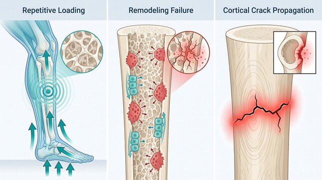 Tibial Stress Fracture Pathophysiology Diagram &ndash; Repetitive Loading, Bone Remodeling Failure, Osteoclast Osteoblast Activity & Cortical Crack Propagation Medical Illustration