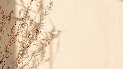 Fototapeta premium Dried wild plants cast soft shadows against a beige textured wall in warm natural sunlight.