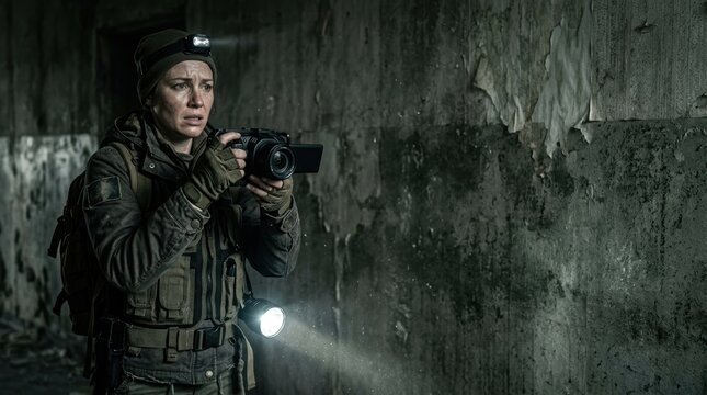 Paranormal Investigator Holding Camera in Abandoned Building with Copy Space