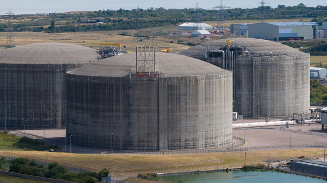 Aerial view of Grain LNG Terminal storage tanks in Kent