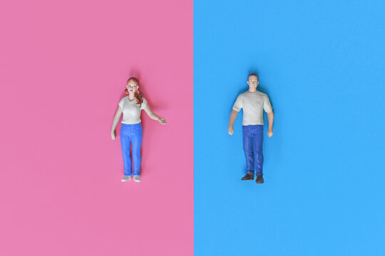 pink and blue gender stereotypes with man and woman figure on different colored backgrounds