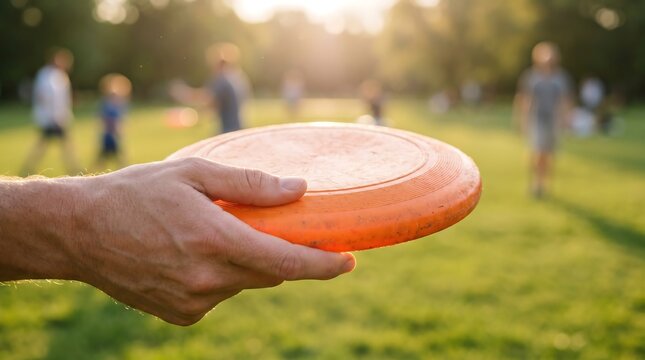 Close-up of hand holding orange flying disc in outdoor park with people playing on grassy field, recreational sports activity highlighting leisure, fun, and social physical interaction