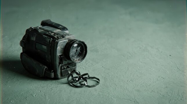 Vintage 1980s Camcorder with Cracked Lens and Spilled Magnetic Tape on Teal Textured Background with Copy Space for Analog Horror Advertising and Retro Creative Projects