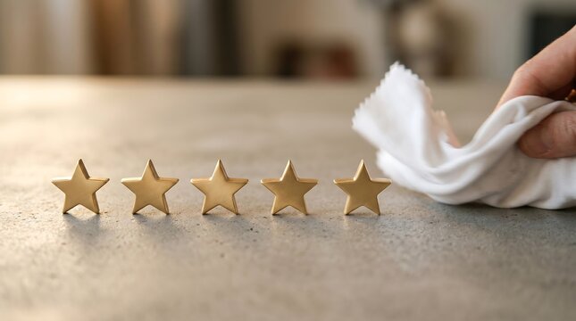 Golden stars lined up on a surface with a hand cleaning with cloth, showing excellence and quality in customer service or product rating for review.