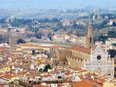 Panoramic view of Basilica di Santa Croce and Florence cityscape Italy