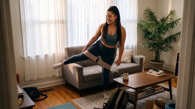 Woman Exercising In Small Living Room With Resistance Band