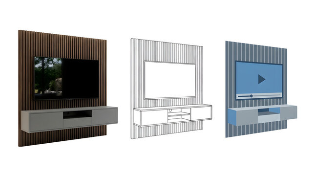 Modern TV wall unit set, floating entertainment center with wood slats, 3D interior design furniture models on white background
