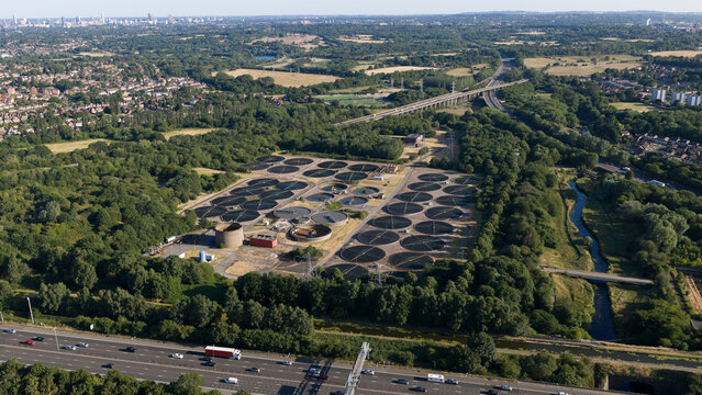 Aerial view of municipal wastewater treatment facility