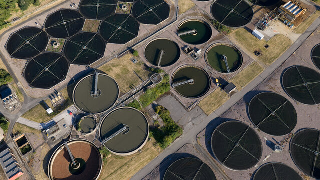Aerial view of municipal wastewater treatment facility