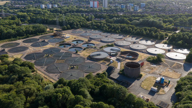 Aerial view of municipal wastewater treatment facility