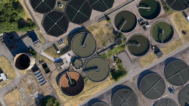 Aerial view of municipal wastewater treatment facility