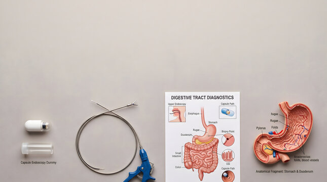 Medical tools and anatomical models for digestive health education.