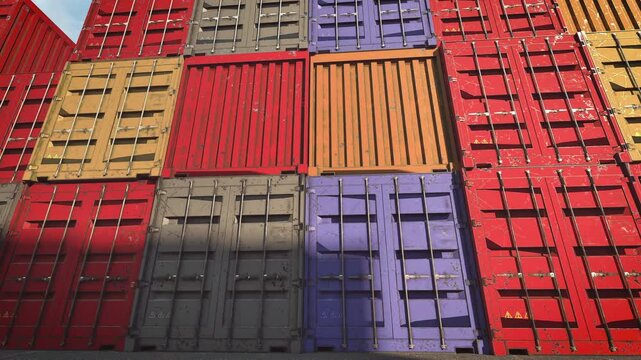 Commercial transport network, colorful intermodal freight containers in port terminal. 3d animation.