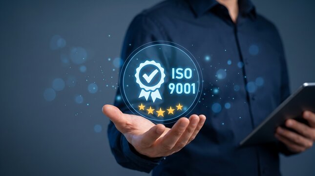 ISO 9001 Quality Management System Certification Hologram over Businessman Hand for Corporate Global Standards and Business Excellence Website Banner