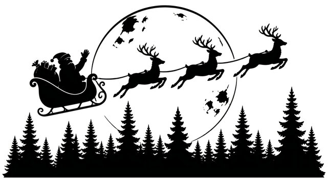 Santa Claus in sleigh with flying reindeer silhouette against a full moon and pine forest