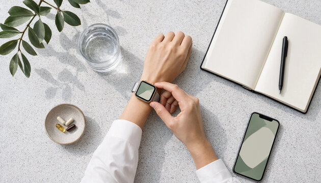 Person checking smart watch on wrist with notebook phone and water glass on table checking time digital watch wearable tech person hands notebook diary mobile phone table top smartwatch