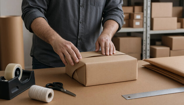Worker packing a cardboard box on a table in a shipping workspace with packing package warehouse worker packaging station logistics employee fulfillment center box preparation paper roll