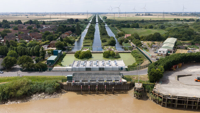 Keadby Pumping Station and flood defense aerial view