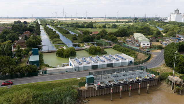 Aerial view of Keadby Pumping Station flood defense