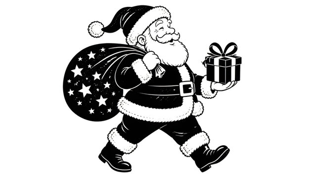 Santa Claus walking with gift and sack of stars black and white vector illustration